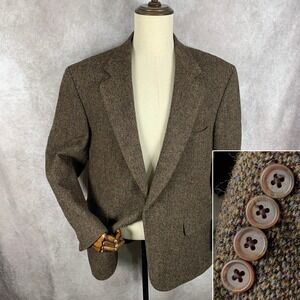 Harris Tweed Blazer Jacket Men 46R Brown Sport Coat Hunting Outdoor Vtg